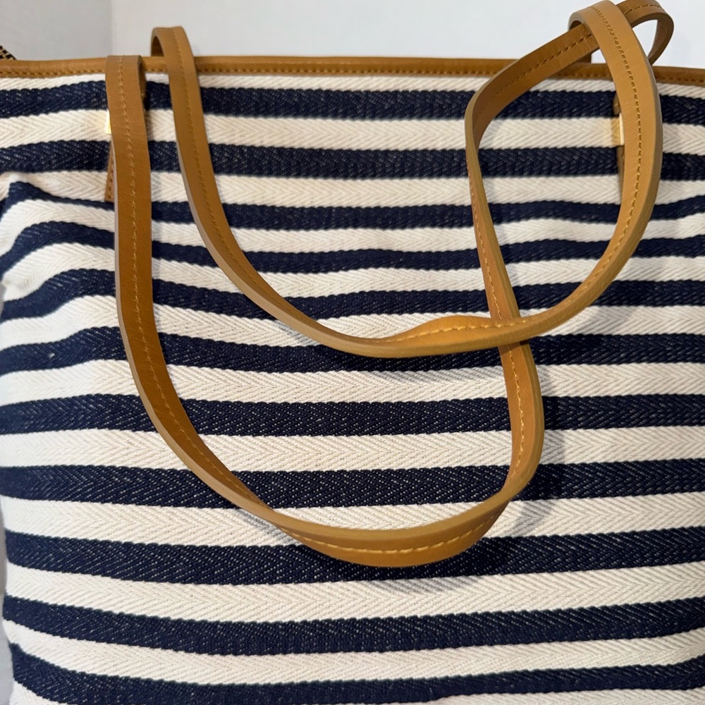 Chico's Striped Vibrant Floral Embroidered Cotton Leather Tote Shoulder Purse - Picture 8 of 14